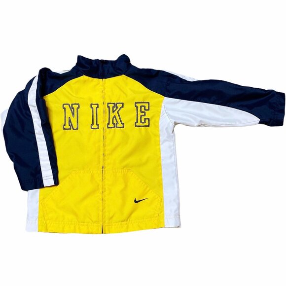 Nike Jacket Boys Size 4 Yellow Navy White Spellout Full Zip Soft Shell - Picture 1 of 3